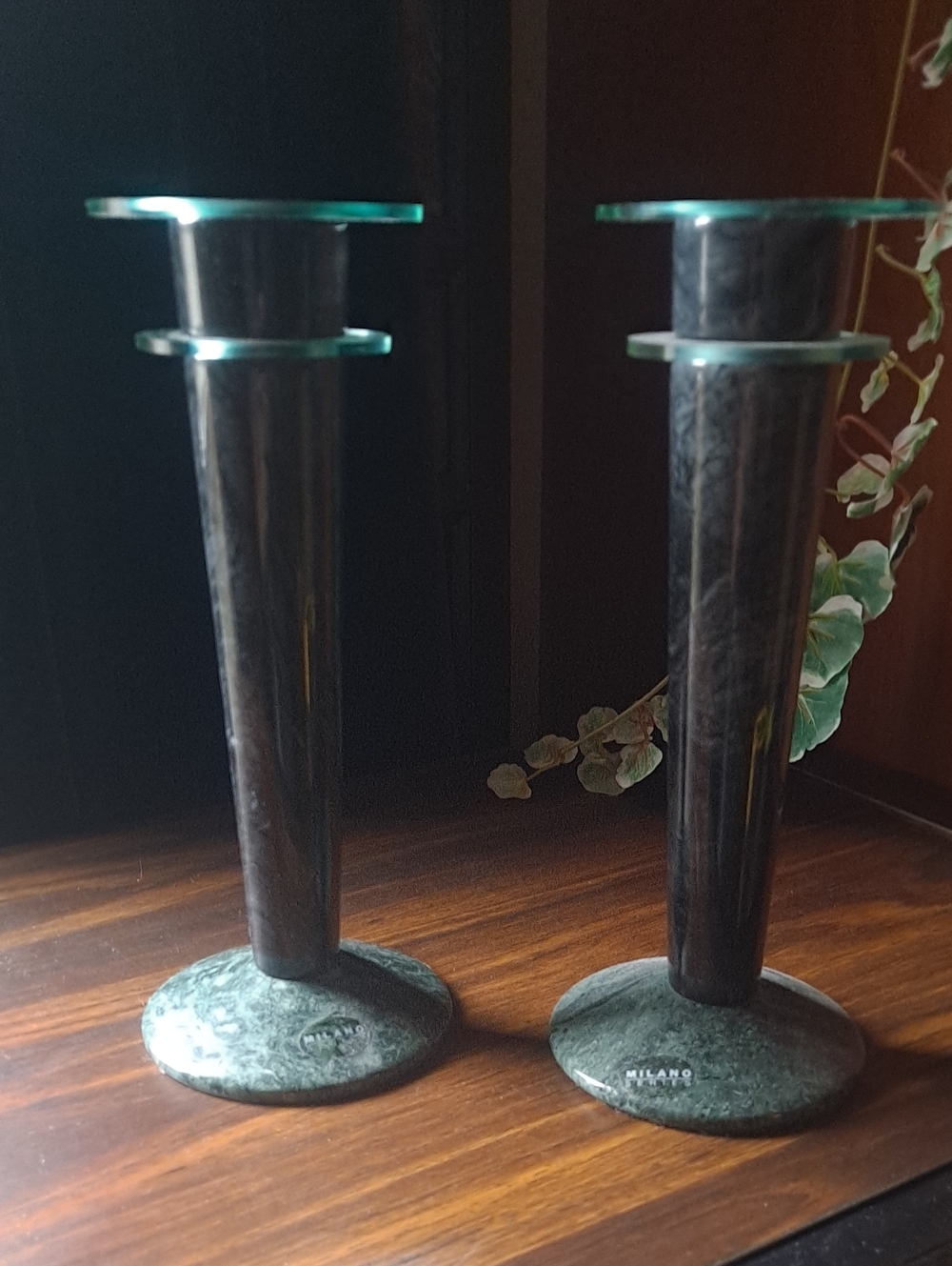 Milano Dark Green Marble Pillar Candle Holders with Glass Tops (Pair)